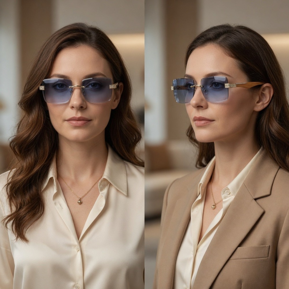 Women Rimless Sunglasses Wood Grain Frame Rhinestone Accents Blue Lens Luxury